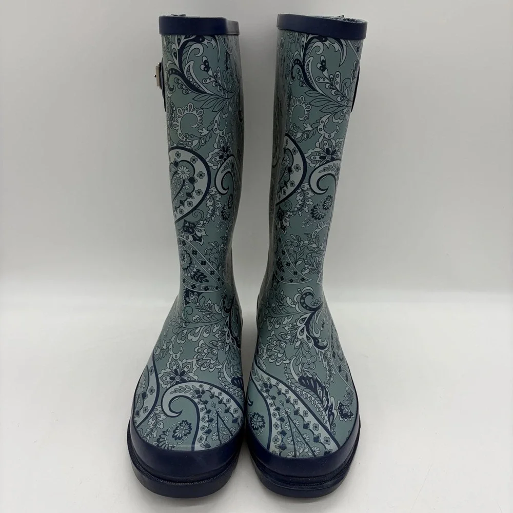 Western Chief Womens 8 Rubber Rain Boots Mid Calf Paisley Plains Navy Blue